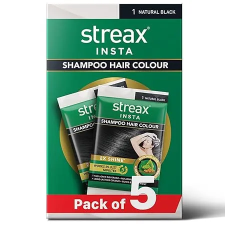 Streax Insta Shampoo Hair Colour Black for Women and Men, Pack of 5